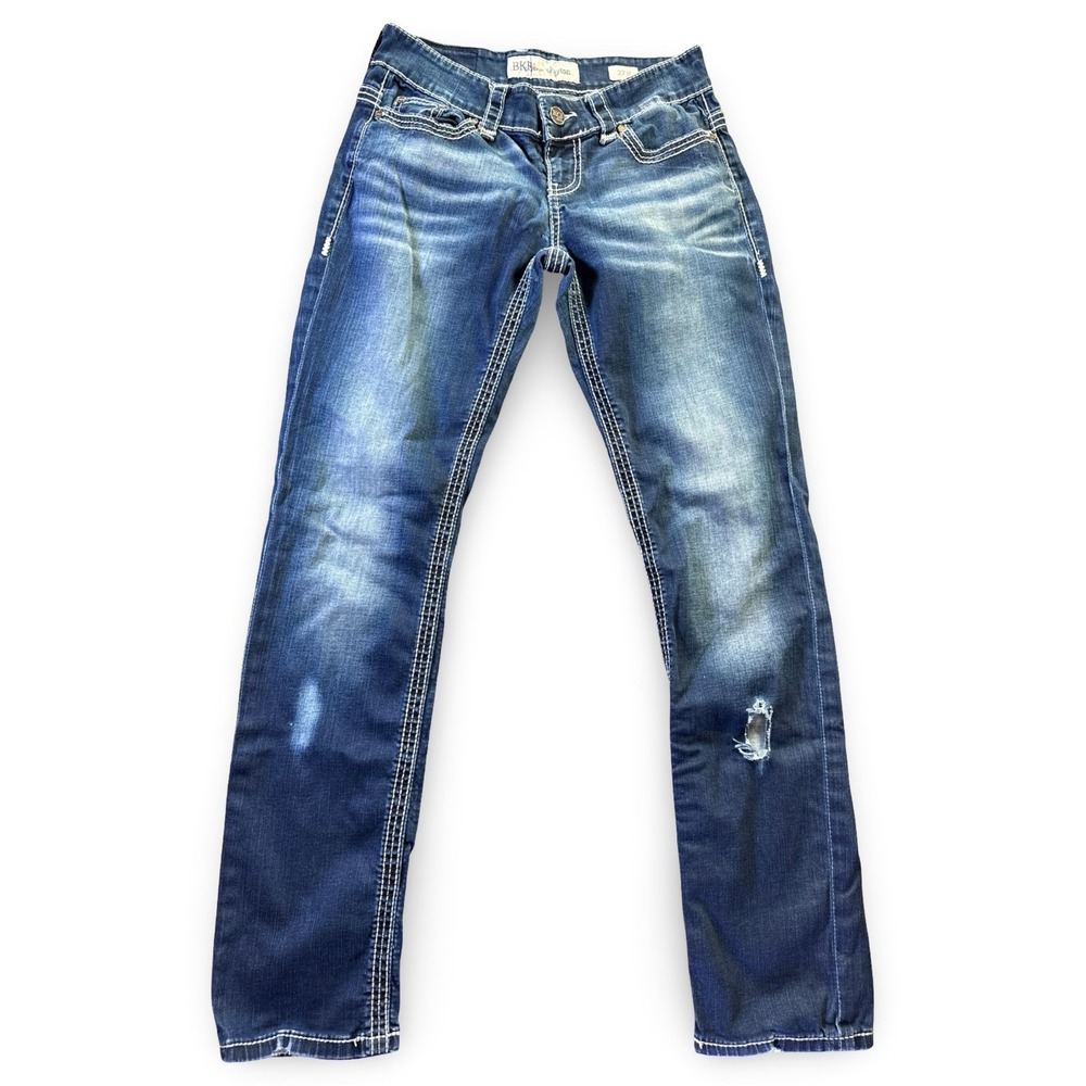 BKE Payton Straight Leg Jeans Womens 27 Blue Distressed Contrast Stitch Denim